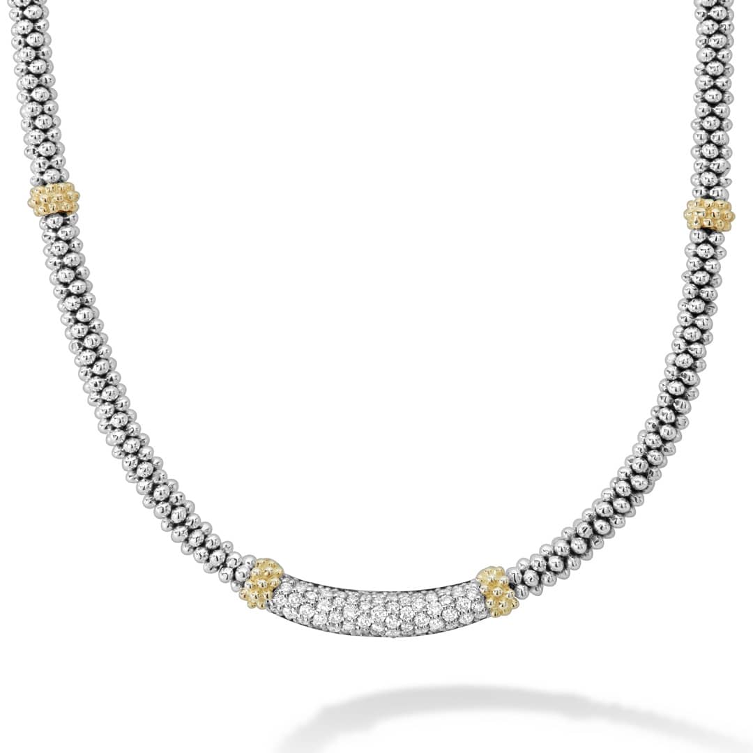 A pave diamond station accented by 18K gold forms this sterling silver Caviar beaded necklace. LAGOS diamonds are the highest quality natural stones.