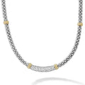 A pave diamond station accented by 18K gold forms this sterling silver Caviar beaded necklace. LAGOS diamonds are the highest quality natural stones.