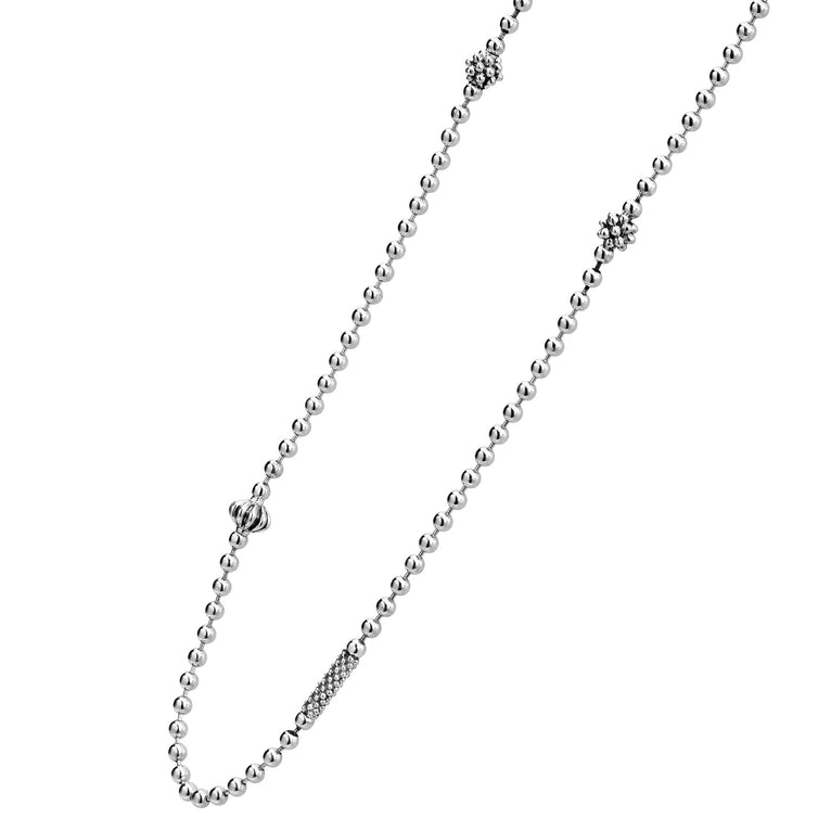 Caviar Icon Silver Caviar Beaded Necklace featuring silver spheres and decorative beads, ideal for elegant styling.