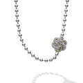 Five 18k gold and sterling silver Love Knot stations accent this Caviar necklace strand.
