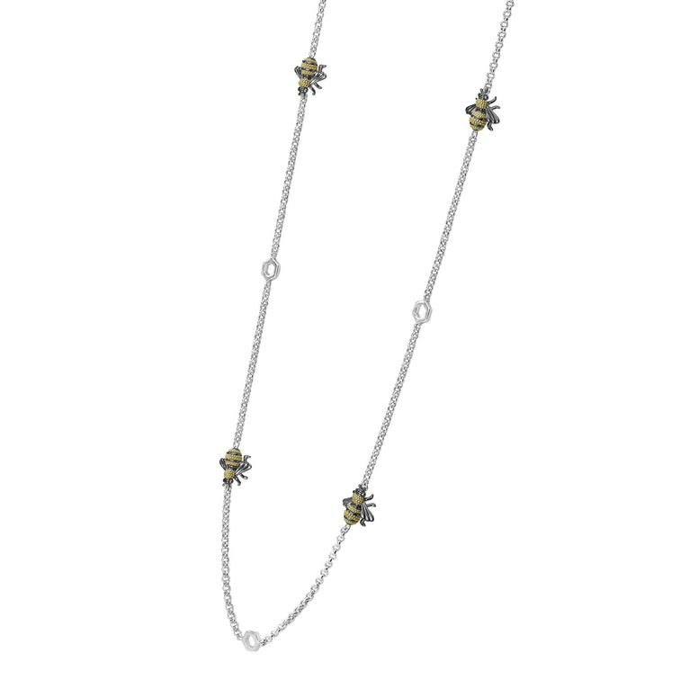 Rare Wonders Five Station Honeybee Necklace features sterling silver with bee charms and hexagon accents, showcasing LAGOS artisanship in elegant, versatile design.
