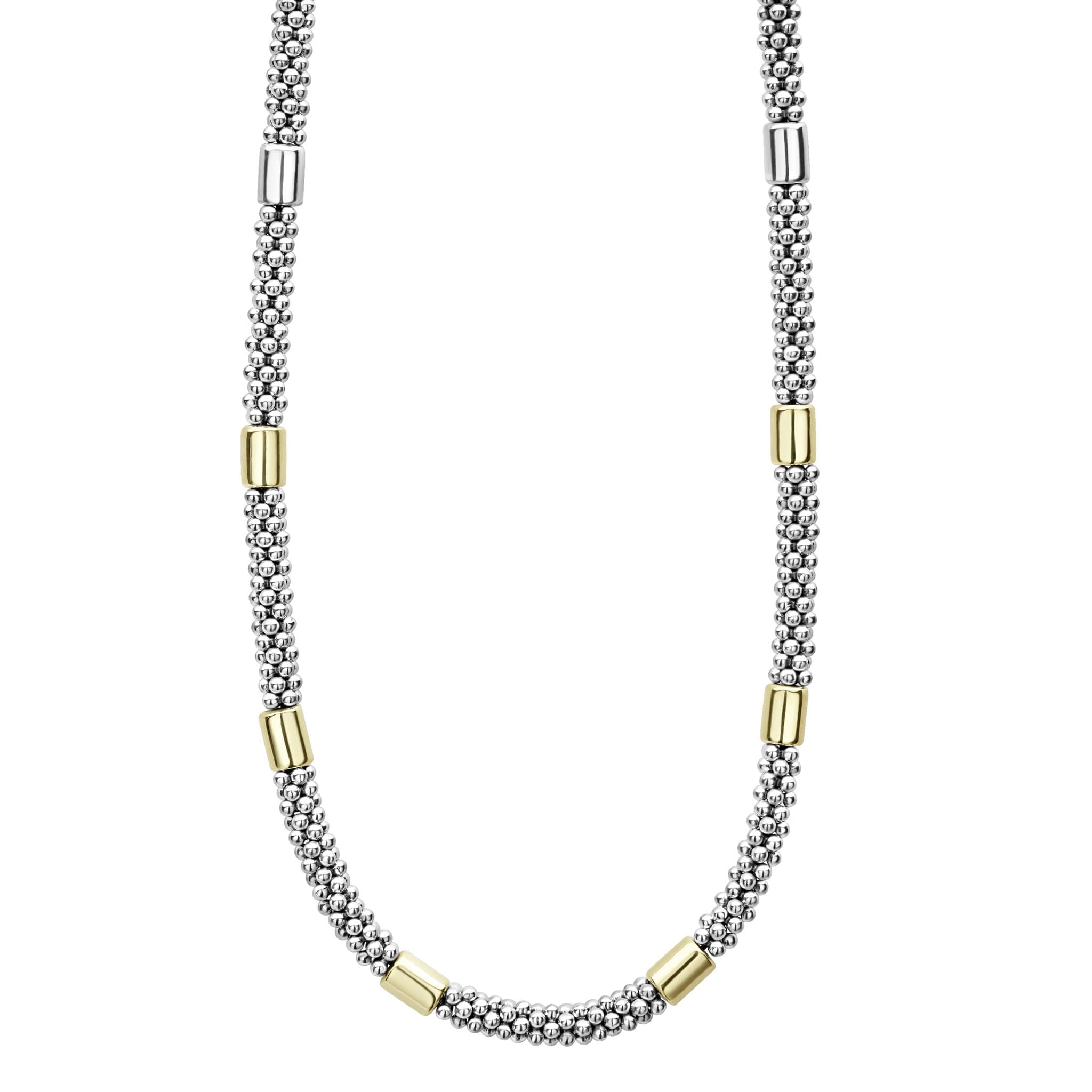 Ten smooth stations of 18K gold and sterling silver surrounded by Caviar beading.