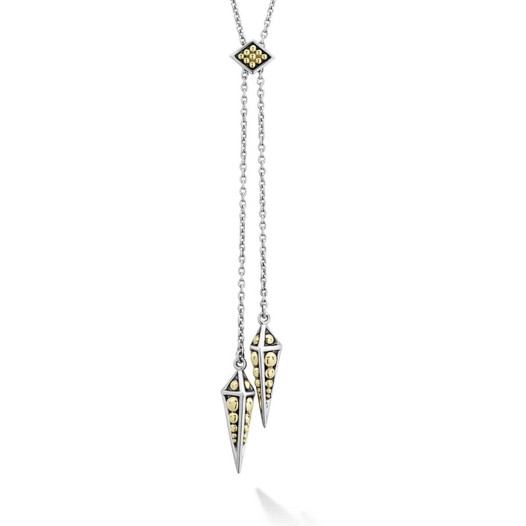 Pyramids of 18K gold and sterling silver form this versatile lariat necklace.