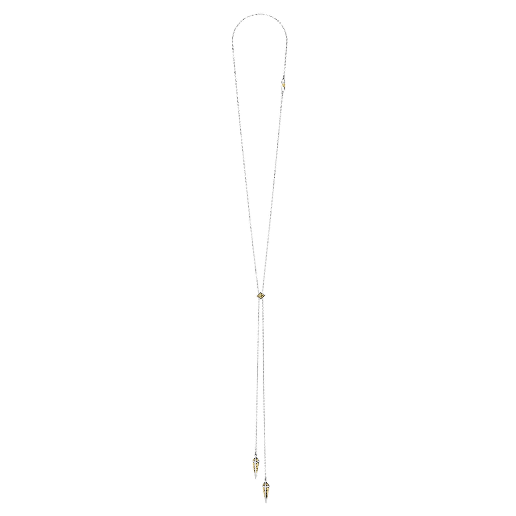 KSL Pyramid Lariat Necklace featuring fine silver-tone chain, adjustable gold-inlay slider, and dual strands with gold-studded connectors, ending in pointed pendants.