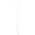 KSL Pyramid Lariat Necklace featuring fine silver-tone chain, adjustable gold-inlay slider, and dual strands with gold-studded connectors, ending in pointed pendants.
