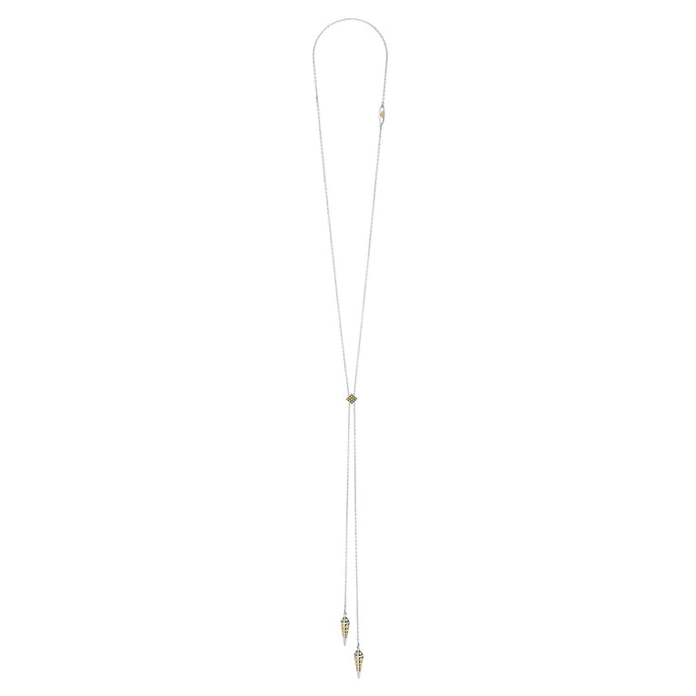 KSL Pyramid Lariat Necklace featuring fine silver-tone chain, adjustable gold-inlay slider, and dual strands with gold-studded connectors, ending in pointed pendants.
