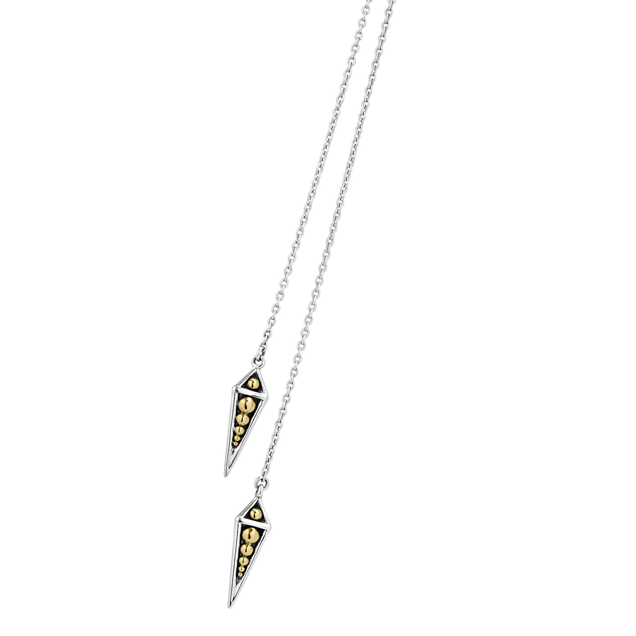 KSL Pyramid Lariat Necklace featuring layered silver chains with triangular pendants framed in silver, adorned with vertical rows of gold beads.