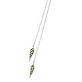 KSL Pyramid Lariat Necklace featuring layered silver chains with triangular pendants framed in silver, adorned with vertical rows of gold beads.