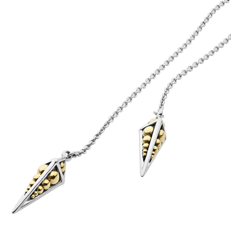 KSL Pyramid Lariat Necklace featuring a sterling silver chain with three elongated triangular pendants, each revealing rows of gold beads.