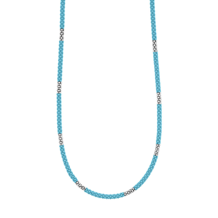A blue ceramic and sterling silver Caviar beaded necklace that is finished with signature lobster clasp.