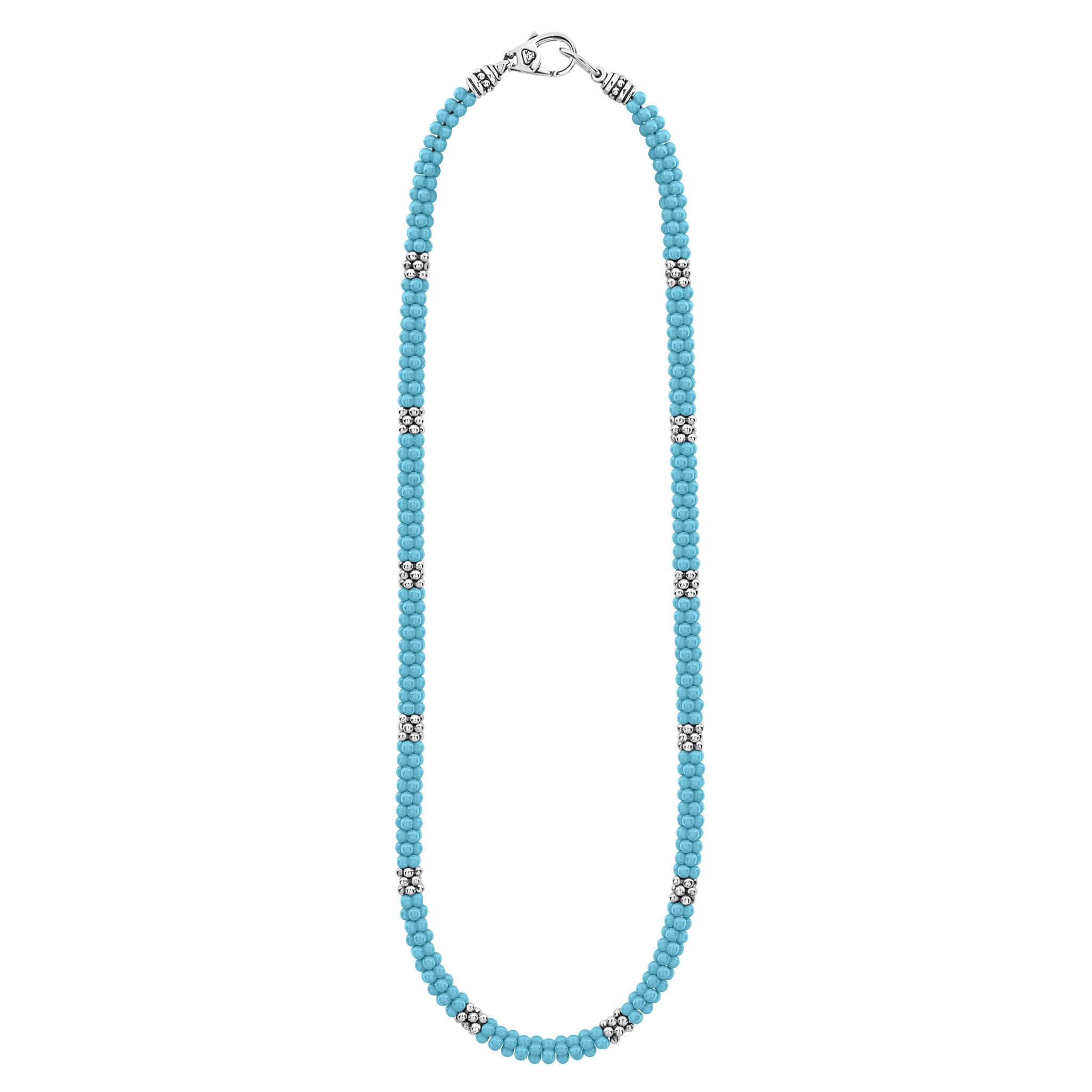 Blue Caviar Silver Station Ceramic Beaded Necklace blue ceramic beads with sterling silver caviar beading and clusters, showcasing a sleek, modern design.