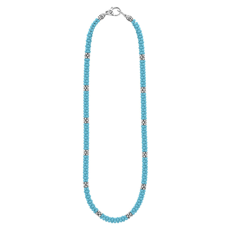 Blue Caviar Silver Station Ceramic Beaded Necklace blue ceramic beads with sterling silver caviar beading and clusters, showcasing a sleek, modern design.