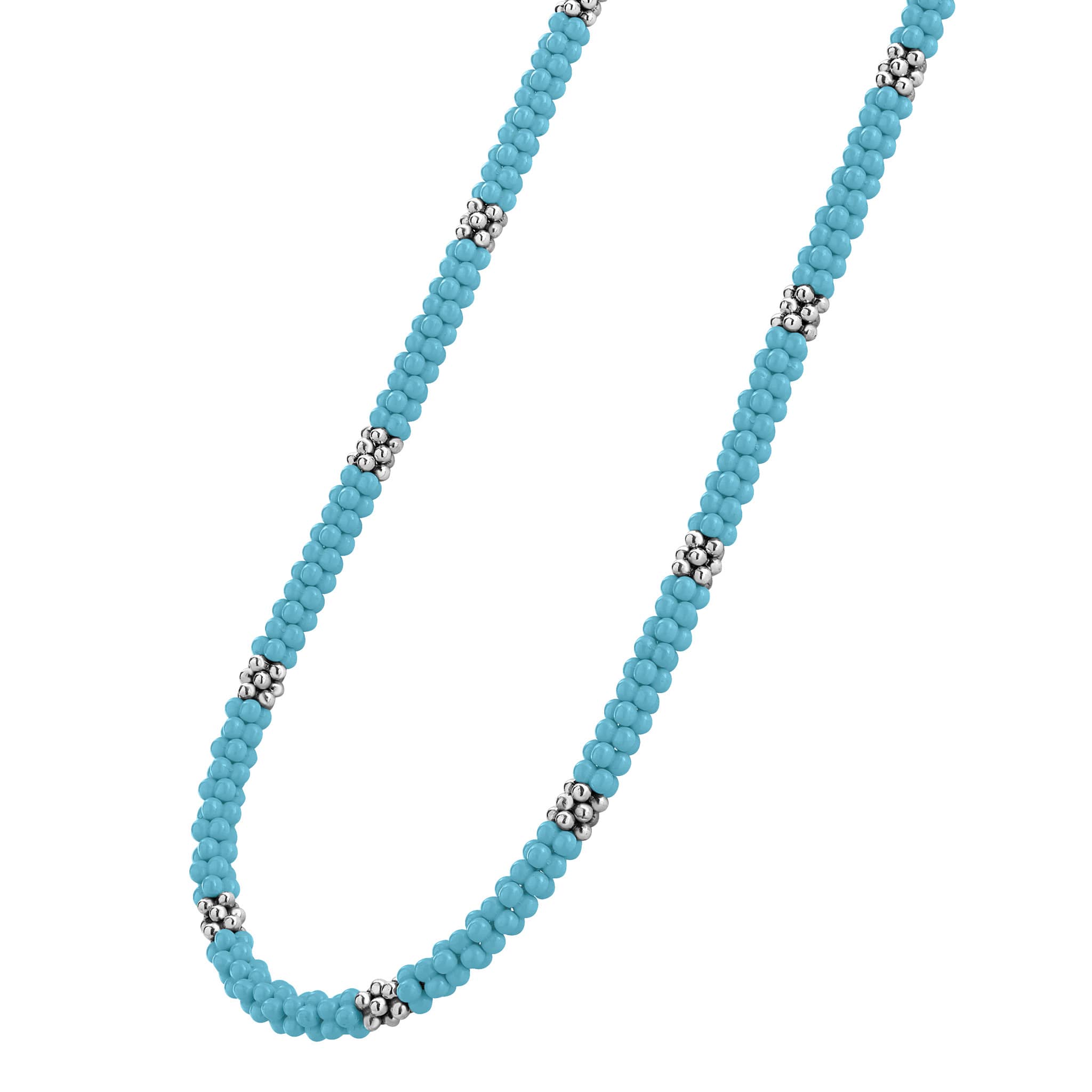 Blue Caviar Silver Station Ceramic Beaded Necklace 5mm features sky-blue caviar beads with sterling silver caviar beading, showcasing vibrant color and refined texture.