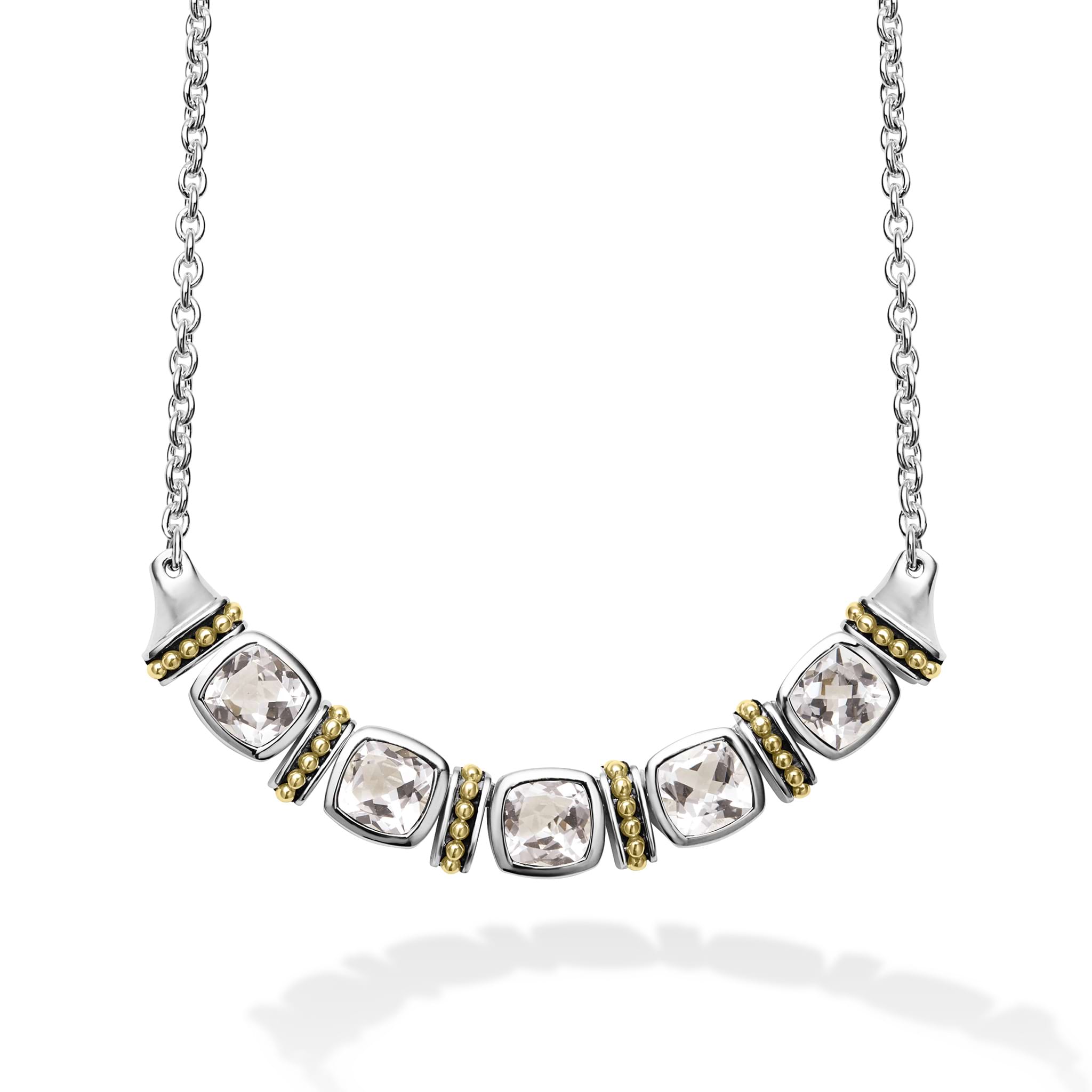 Five white topaz gemstones accent this necklace surrounded by sterling silver and 18k gold Caviar beading.