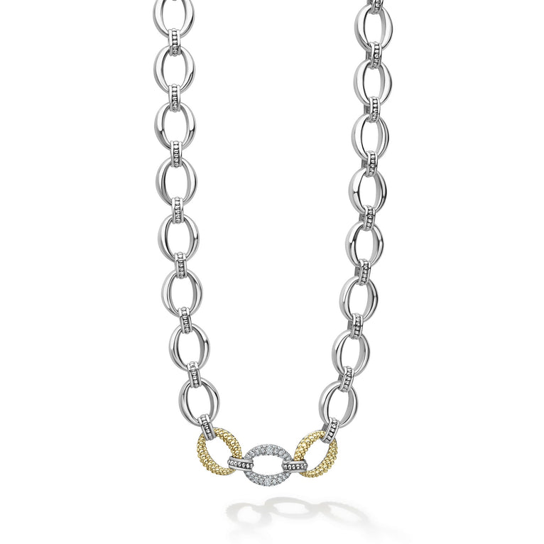 A single pavé diamond link, 18k gold and sterling silver create this classic link necklace. LAGOS diamonds are the highest quality natural stones.