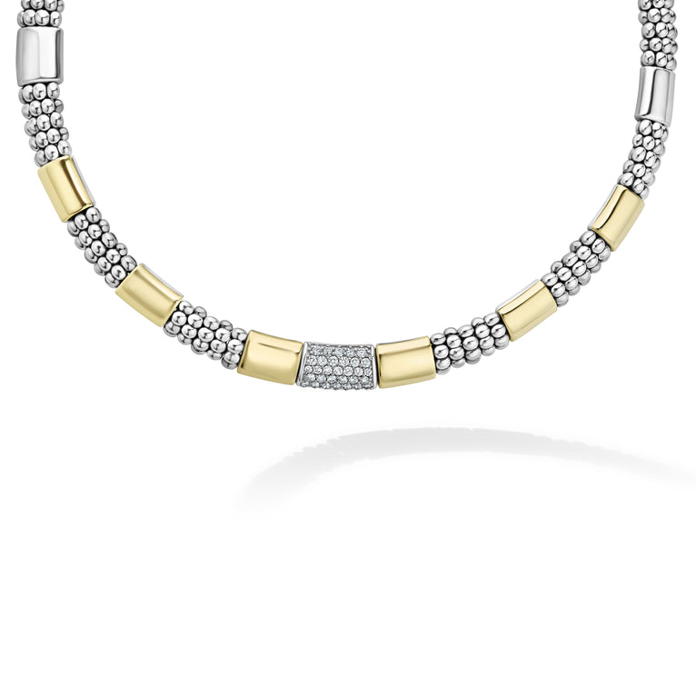 Diamonds and smooth stations of 18K gold and sterling silver surrounded by Caviar beading form this timeless necklace. LAGOS diamonds are the highest quality natural stones.