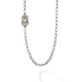 Four sterling silver and 18k gold knot motifs accent this 34 inch sterling silver chain necklace.
