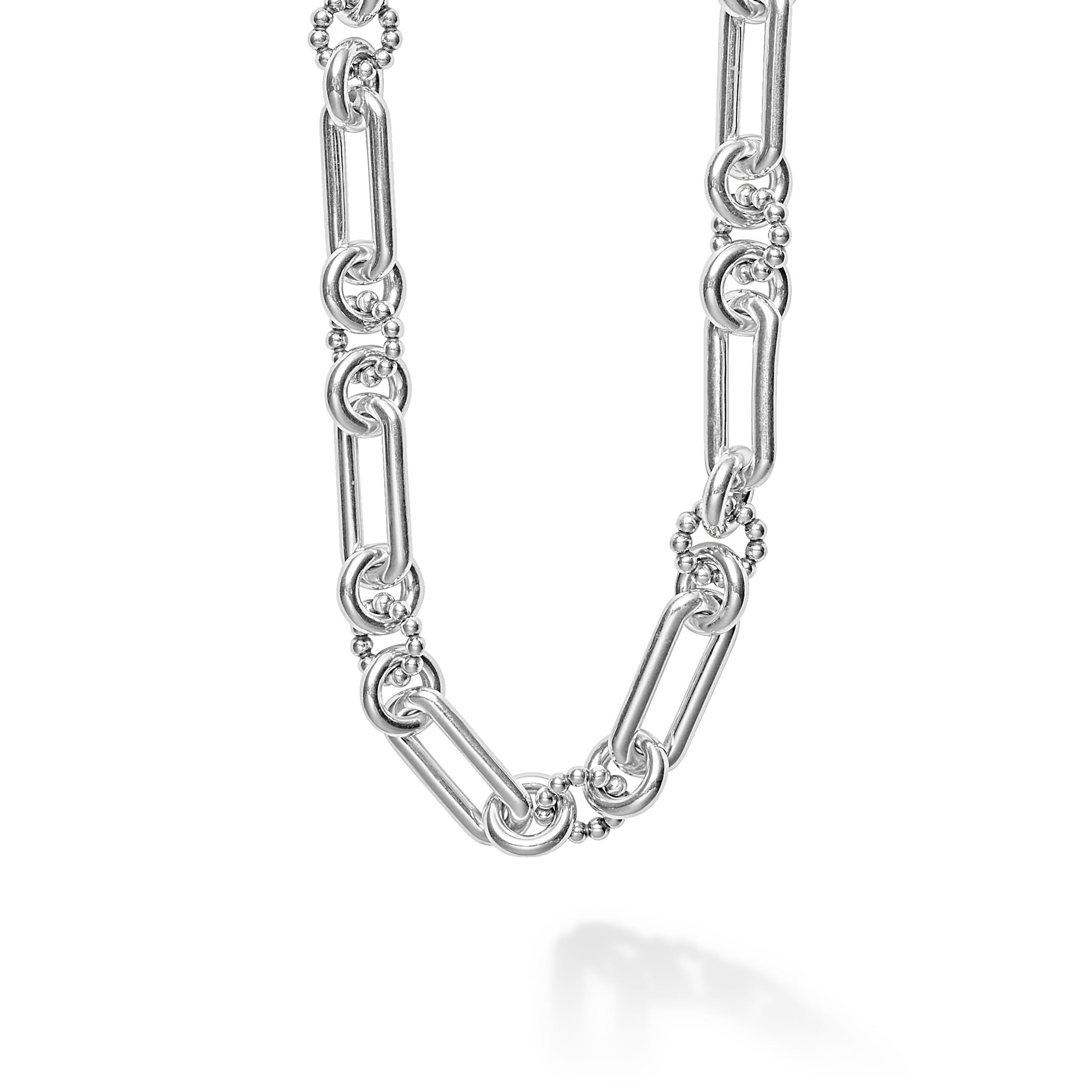 Sterling silver variations of Caviar beading & fluting elements form this bold link necklace.