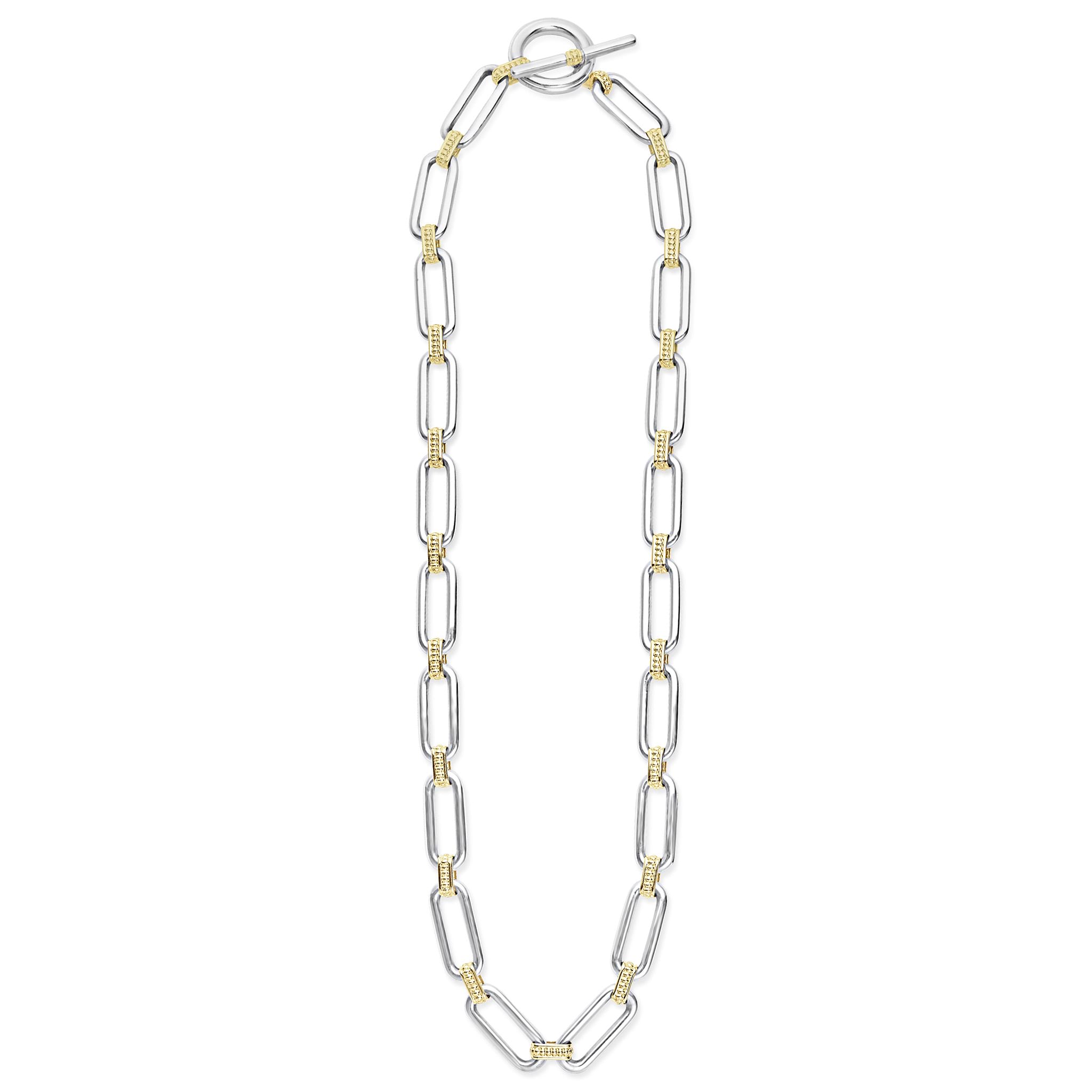 Signature Caviar Two-Tone Link Necklace featuring sterling silver and 18K gold links with caviar beading, showcasing a toggle clasp for an elegant, layered look.