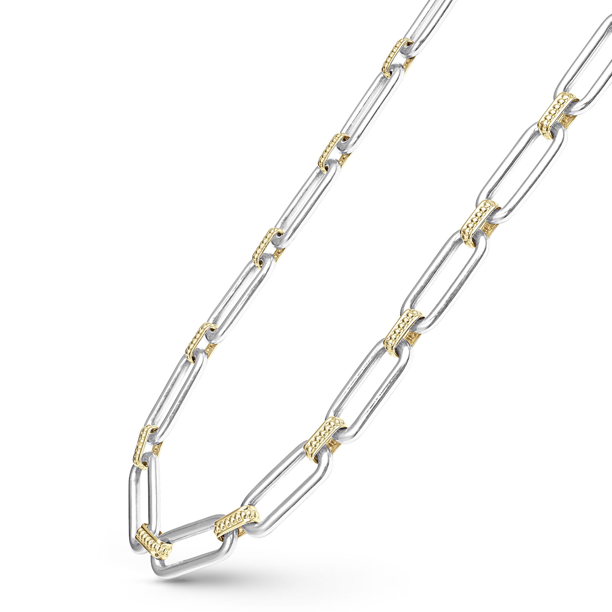 Signature Caviar Two-Tone Link Necklace featuring sterling silver and 18K gold links with caviar beading, showcasing a modern, elegant design for everyday wear.