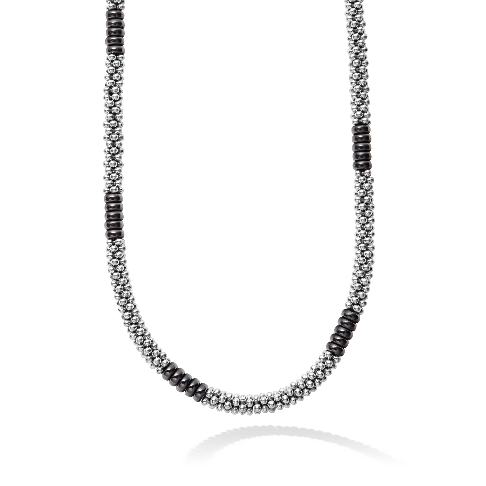 A black ceramic and sterling silver Caviar beaded necklace that is finished with signature lobster clasp.
