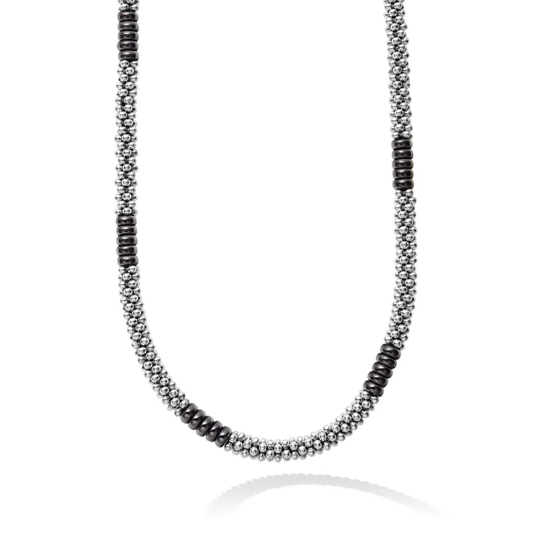 A black ceramic and sterling silver Caviar beaded necklace that is finished with signature lobster clasp.