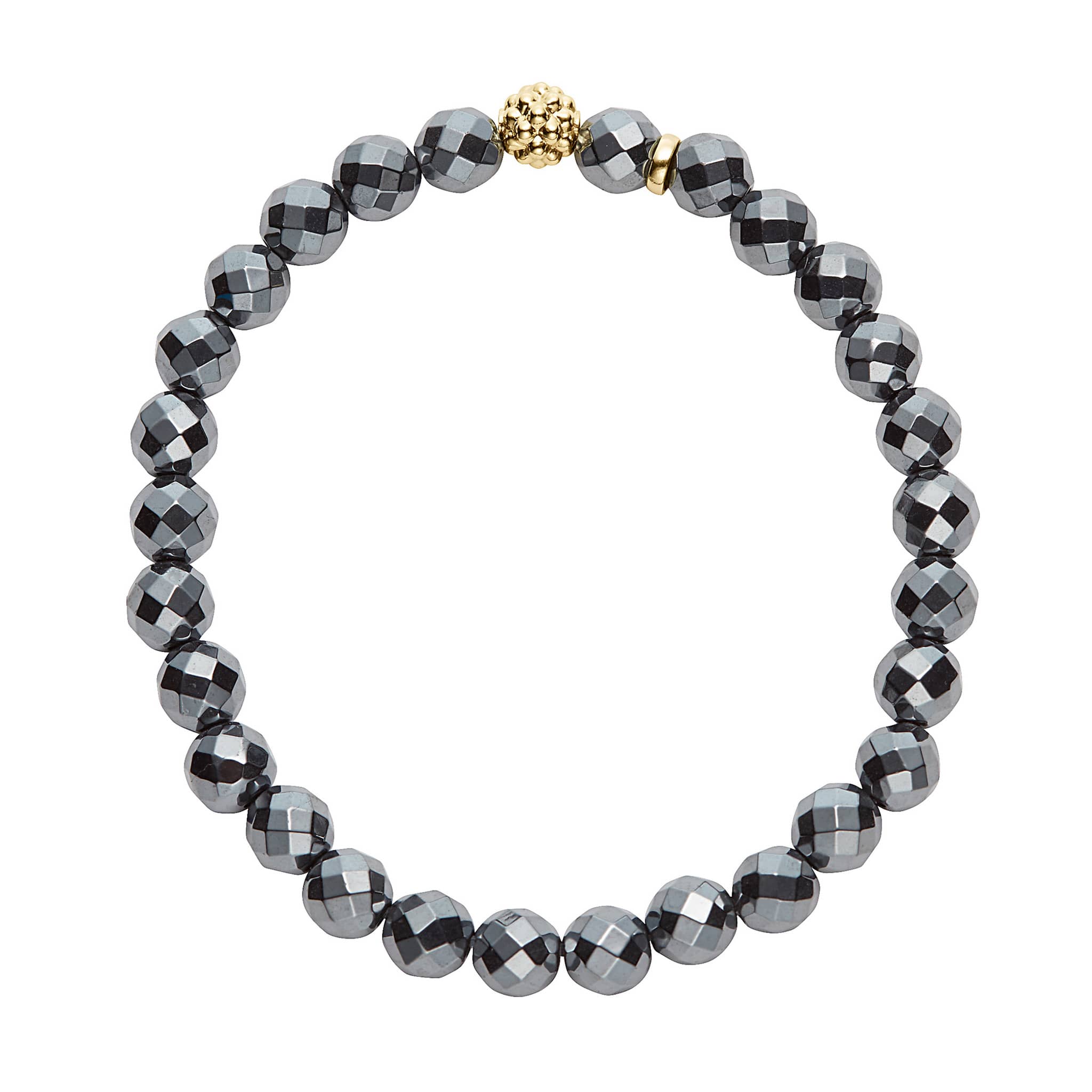Caviar Icon Hematite Gold Station Bead Bracelet featuring faceted metallic-gray beads with a central textured gold-tone bead, exemplifying LAGOS commitment to elegant, quality craftsmanship.