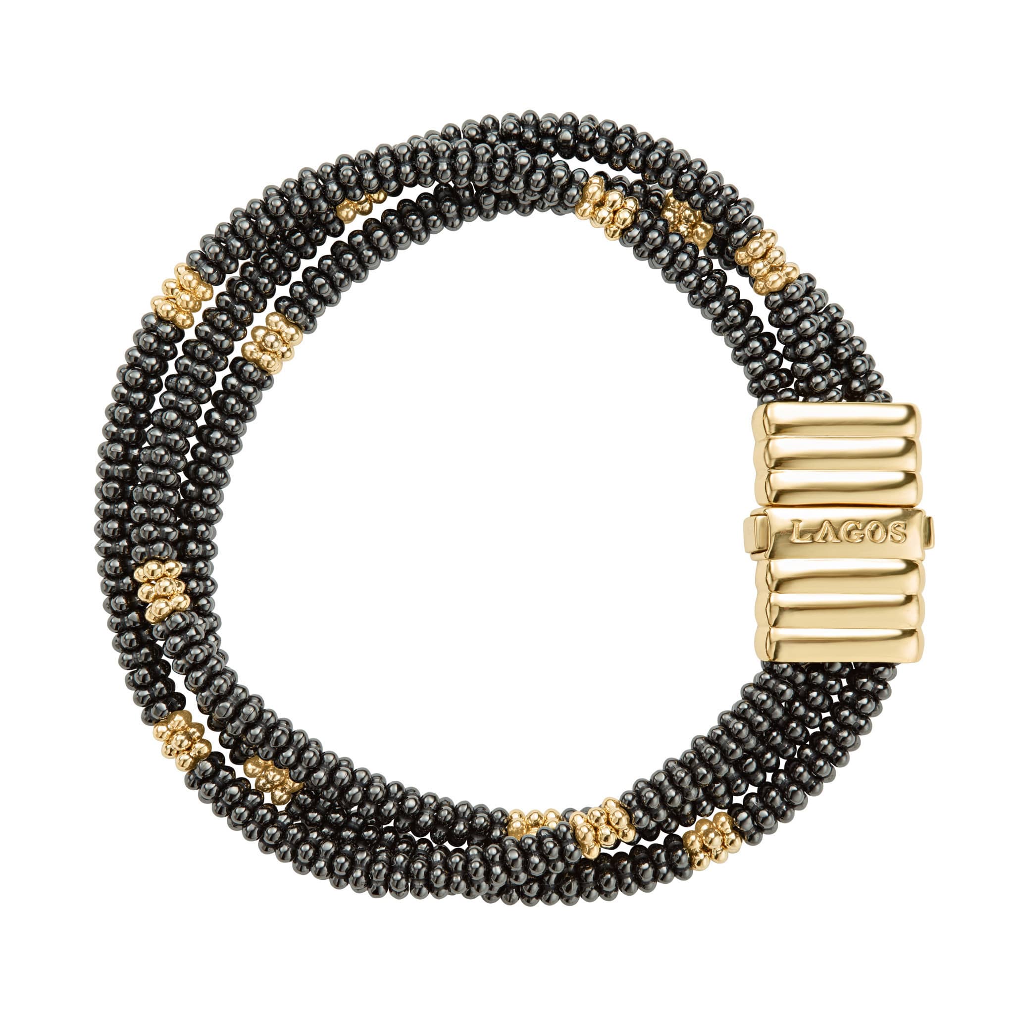Three black ceramic Caviar beaded strands with 18k gold accents and an 18k gold clasp form this signature bracelet.