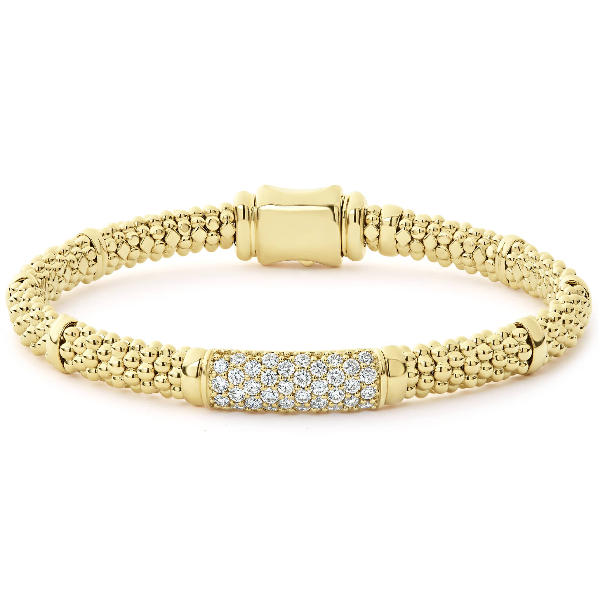 Pavé diamonds highlighted by 18K gold Caviar beading form this signature bracelet. LAGOS diamonds are the highest quality natural stones.