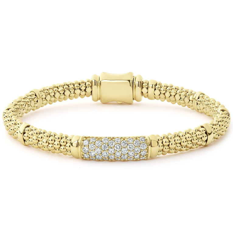 Pavé diamonds highlighted by 18K gold Caviar beading form this signature bracelet. LAGOS diamonds are the highest quality natural stones.