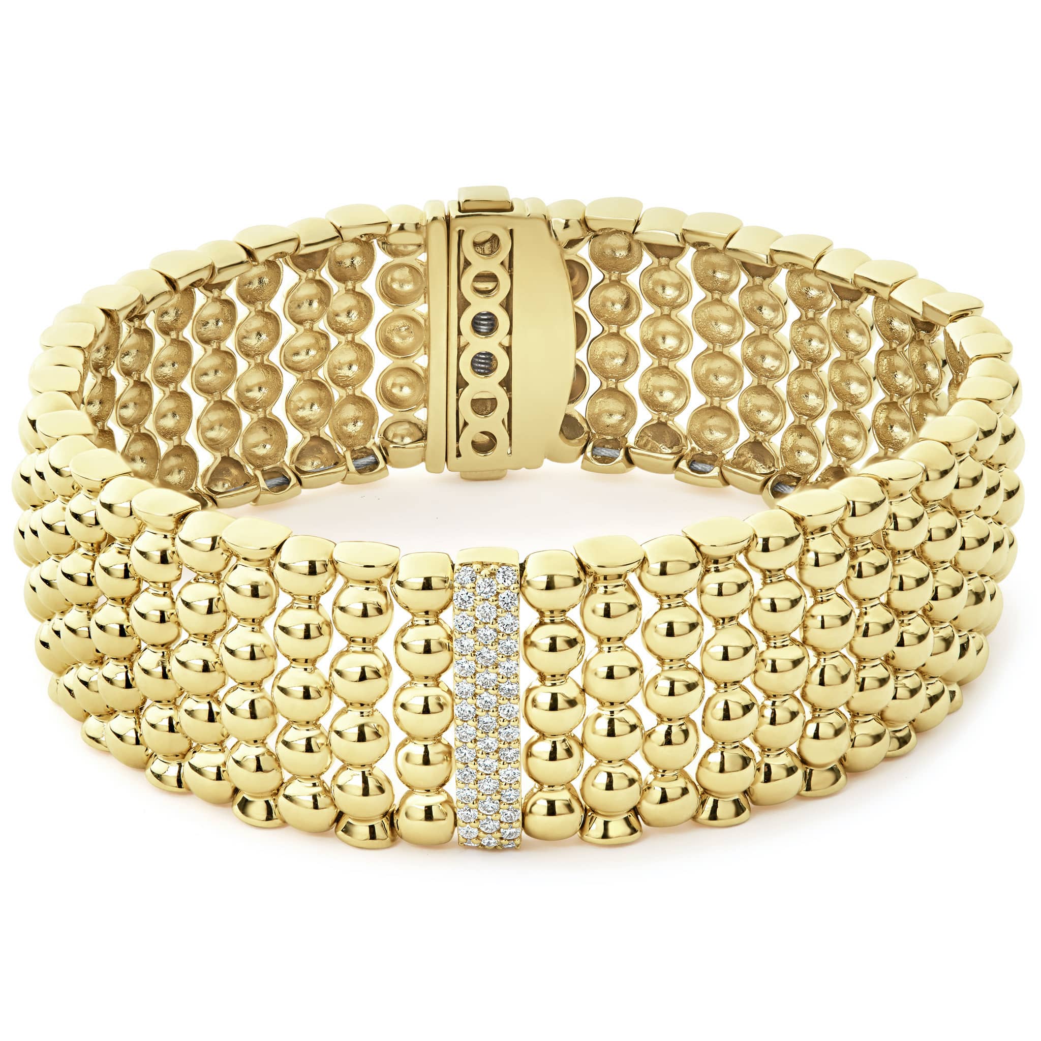 A single diamond station highlighted by dramatic 18K gold Caviar beading form this bracelet. LAGOS diamonds are the highest quality natural stones.
