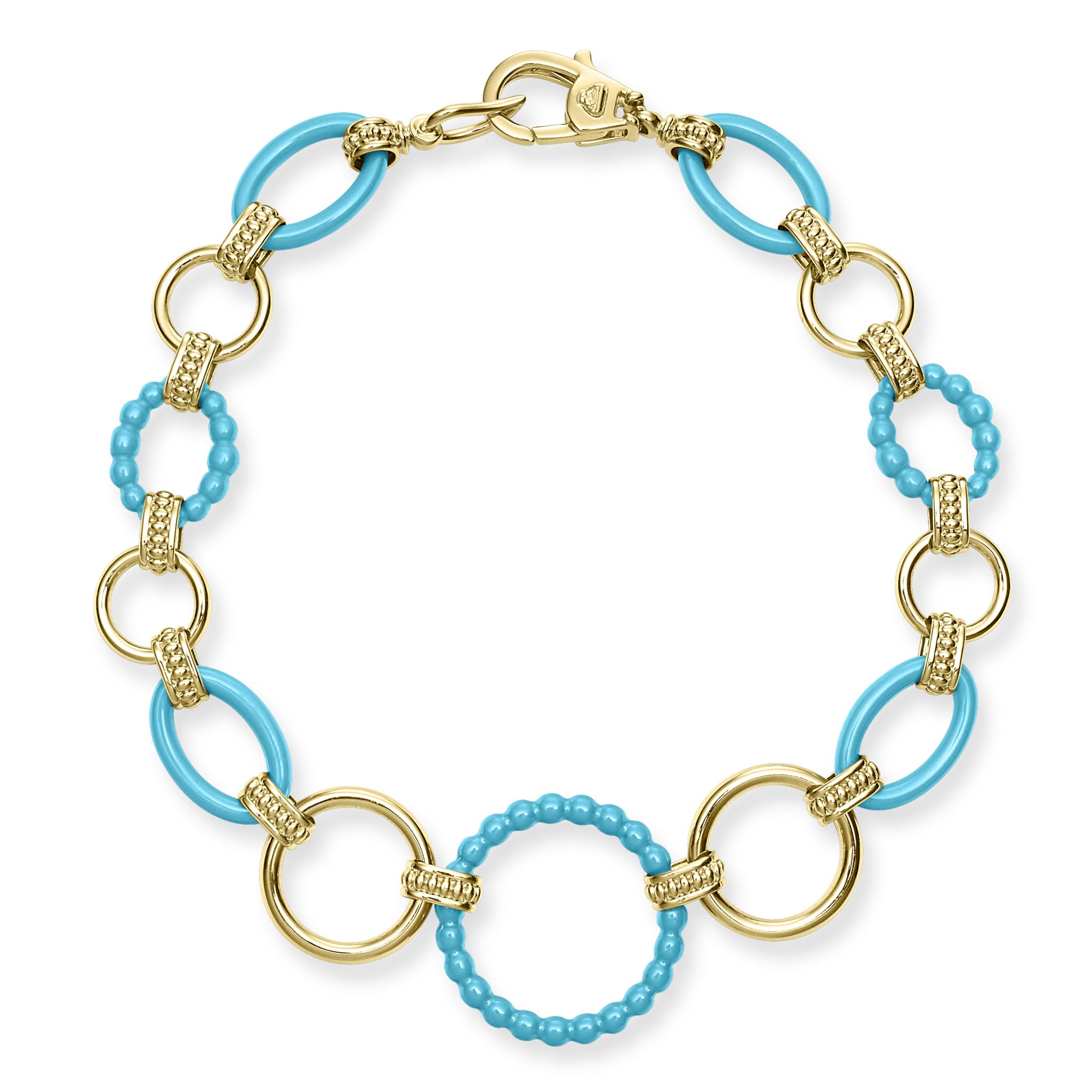 A classic bracelet with 18K gold and blue ceramic round, oval and beaded links.Additional sizes may be available. Please contact customercare@lagos.com or call 877-925-4305.