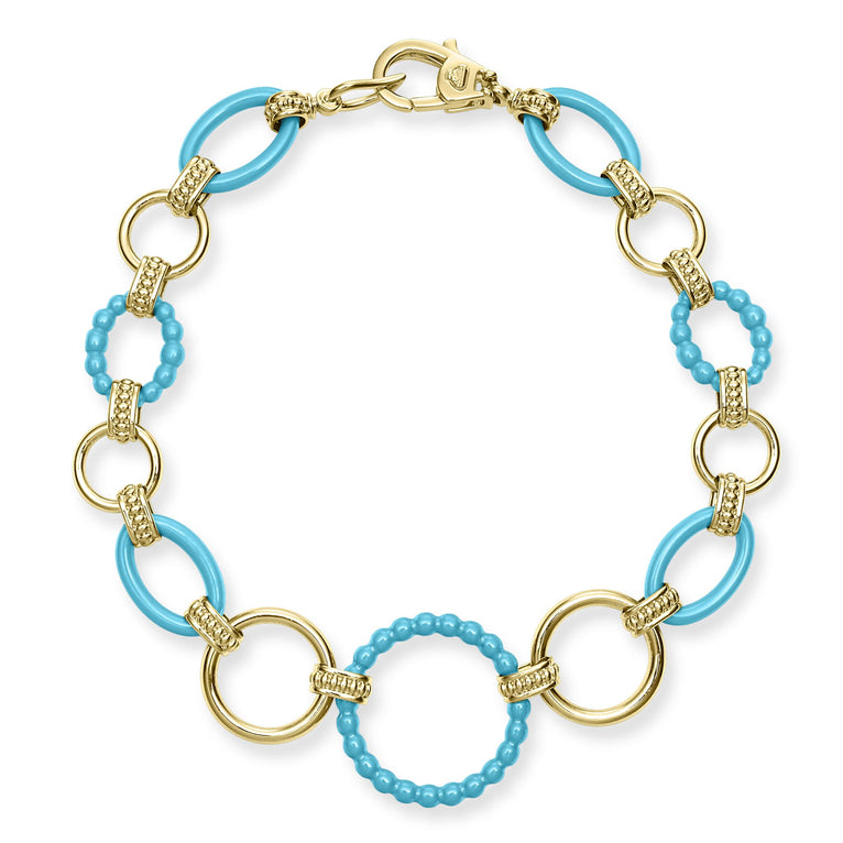 A classic bracelet with 18K gold and blue ceramic round, oval and beaded links.Additional sizes may be available. Please contact customercare@lagos.com or call 877-925-4305.