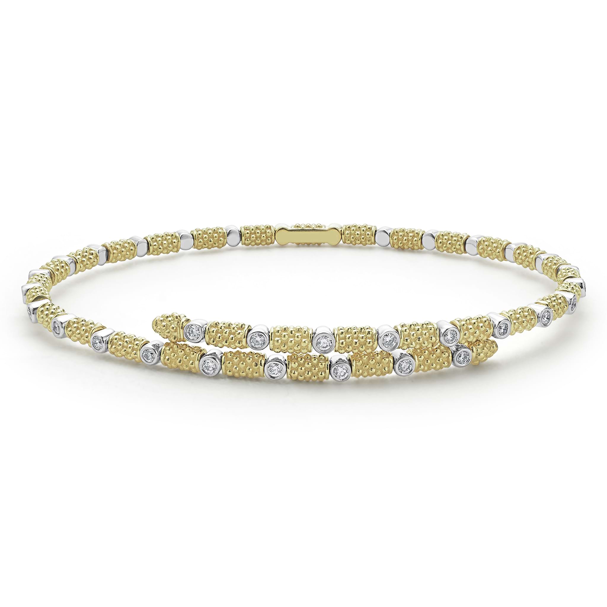 Diamonds surrounded by 18k gold superfine Caviar beading form this cuff bracelet. LAGOS diamonds are the highest quality natural stones.