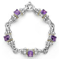 Five amethyst emerald-cut gemstones, with 18k gold and sterling silver detailing form this bracelet.
