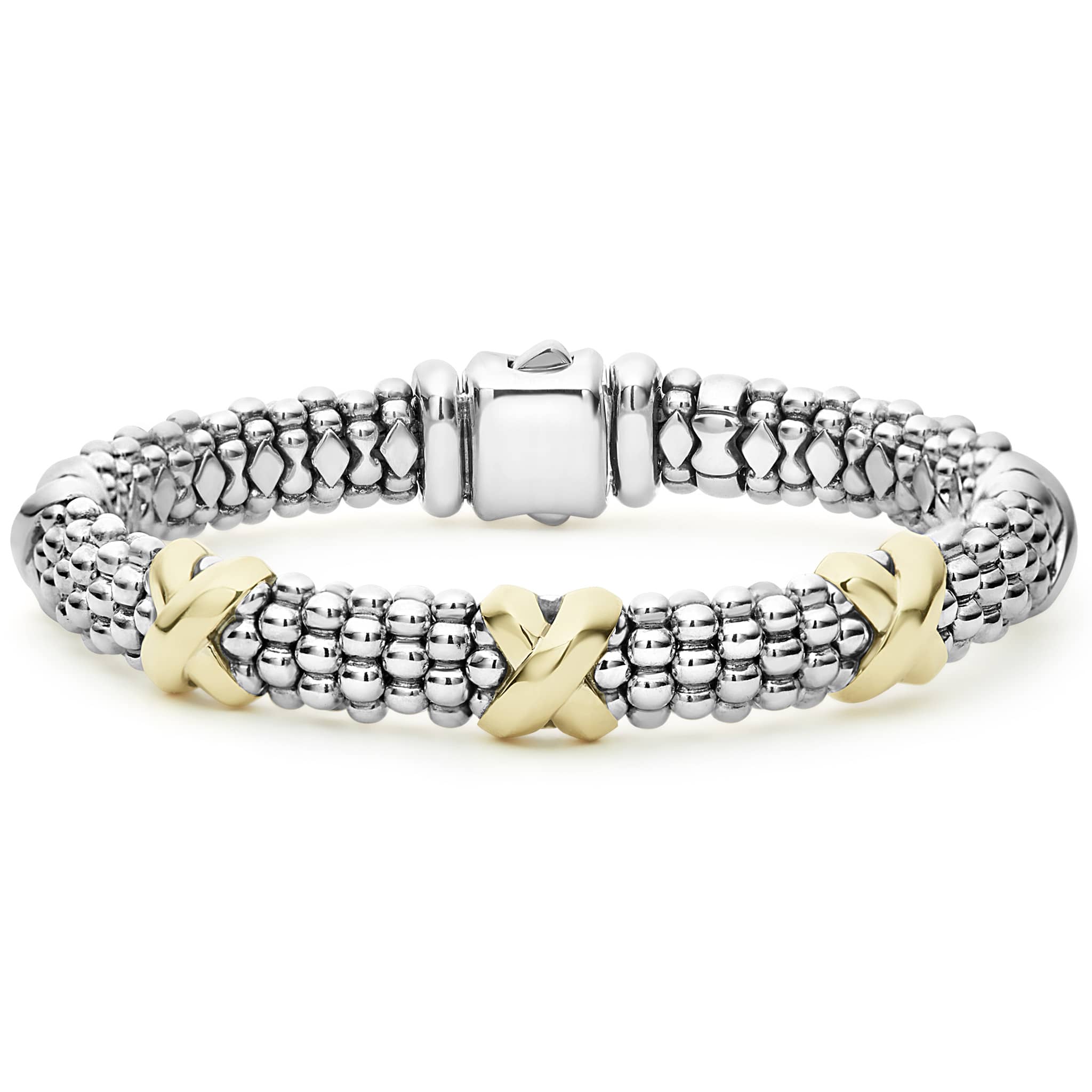 Three 18K gold and two sterling silver x stations highlight Caviar beading on this signature bracelet.