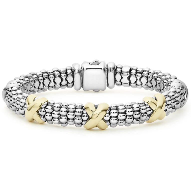 Three 18K gold and two sterling silver x stations highlight Caviar beading on this signature bracelet.