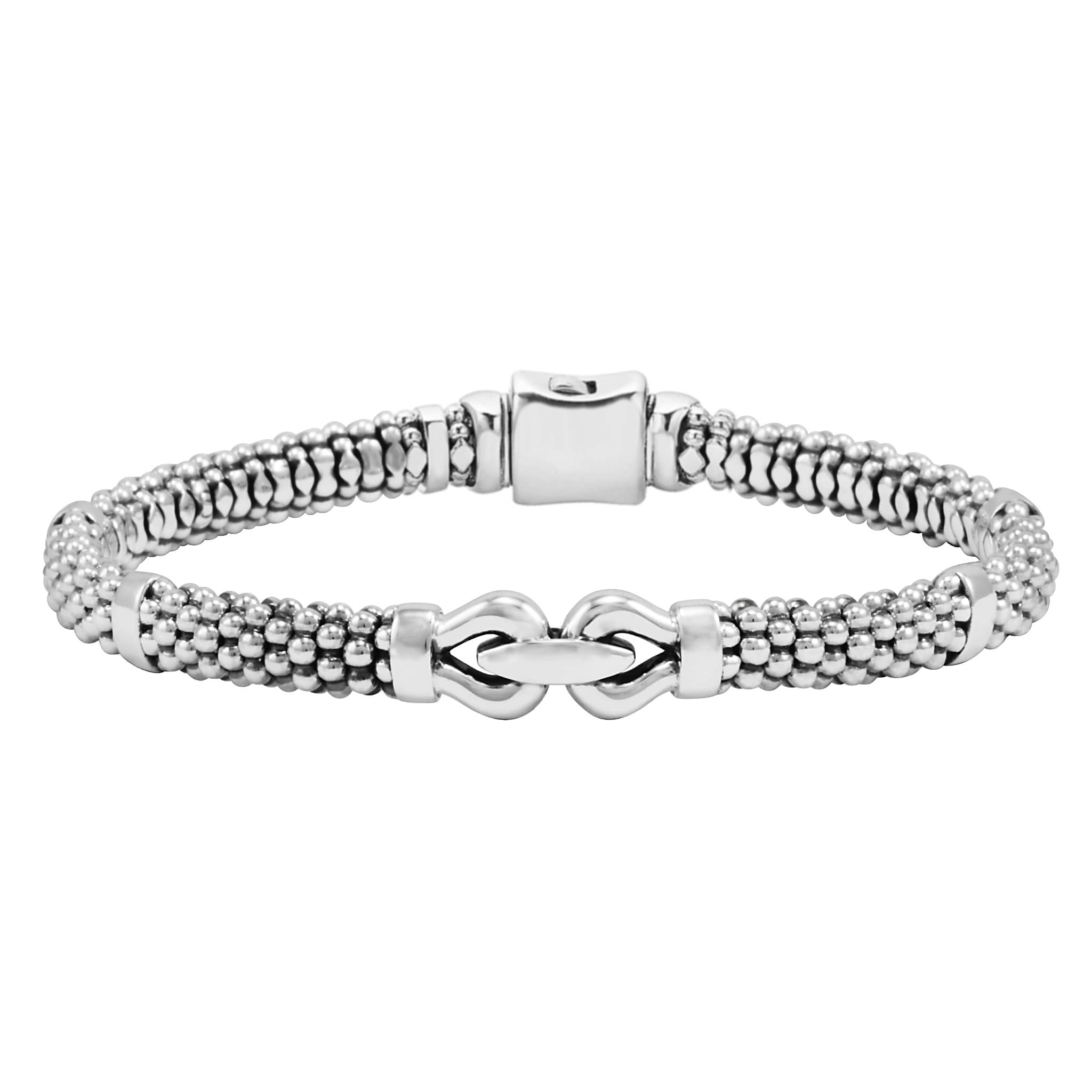 A sterling silver buckle design perfectly accents this Caviar beaded bracelet.