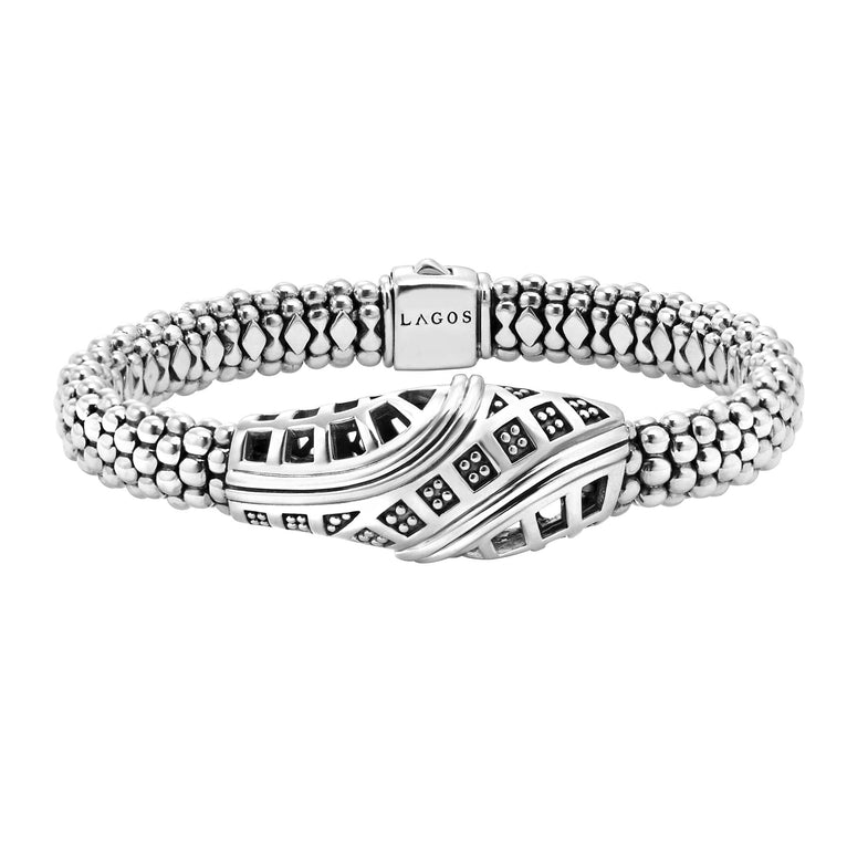 A LAGOS exclusive. Sterling silver Caviar bracelet inspired by Keep Memory Alive's architectural masterpiece in Las Vegas created by Frank Gehry. 100% of the purchase will benefit Keep Memory Alive.Additional sizes may be available. Please contact cu