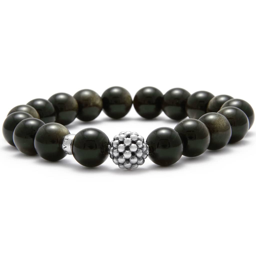 Golden obsidian gemstone bracelet with a sterling silver Caviar beaded station.