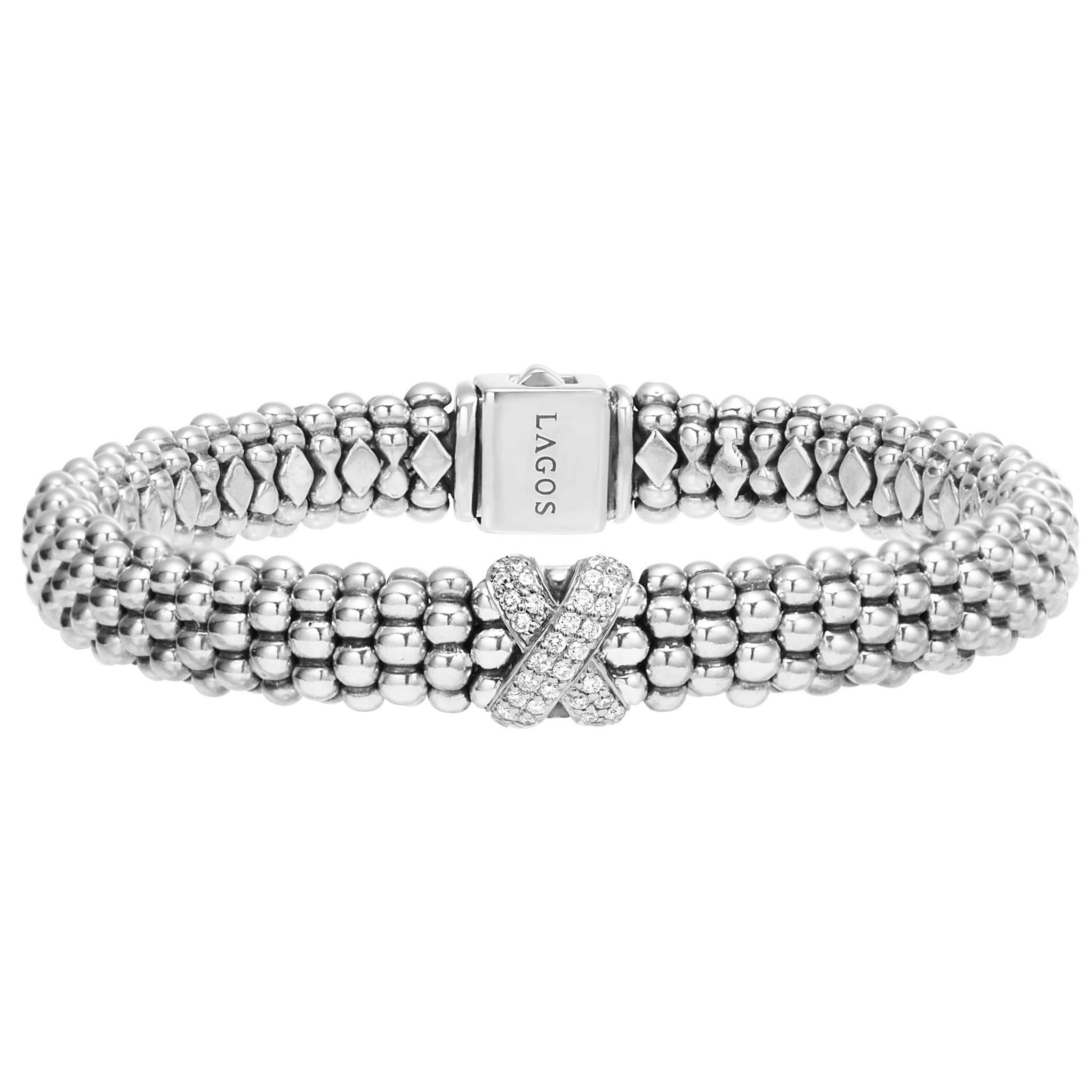 A diamond station wraps this signature sterling silver Caviar beaded bracelet. LAGOS diamonds are the highest quality natural stones.