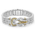 Diamonds and 18K gold woven in a knot motif form this signature sterling silver Caviar bracelet. LAGOS diamonds are the highest quality natural stones.