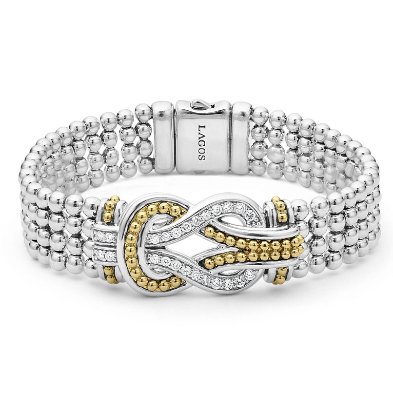 Diamonds and 18K gold woven in a knot motif form this signature sterling silver Caviar bracelet. LAGOS diamonds are the highest quality natural stones.