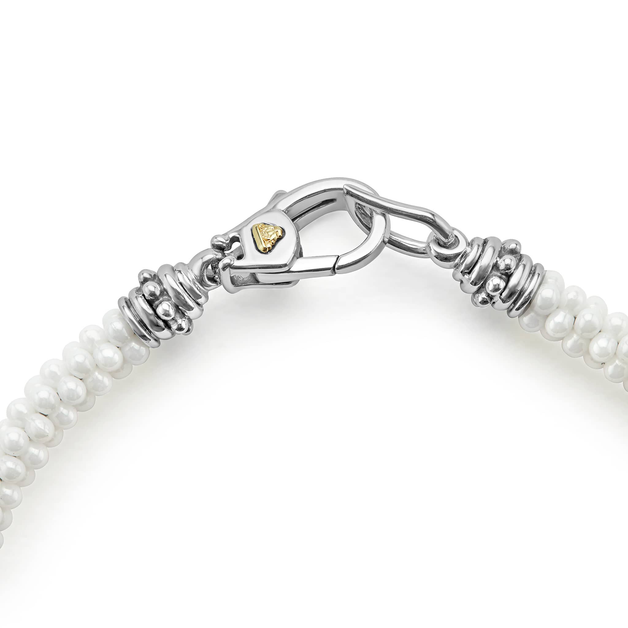 White Caviar Five Gold Station Ceramic Bracelet with polished silver lobster clasp and white ceramic caviar beads, featuring five 18K gold stations for a refined, elegant look.