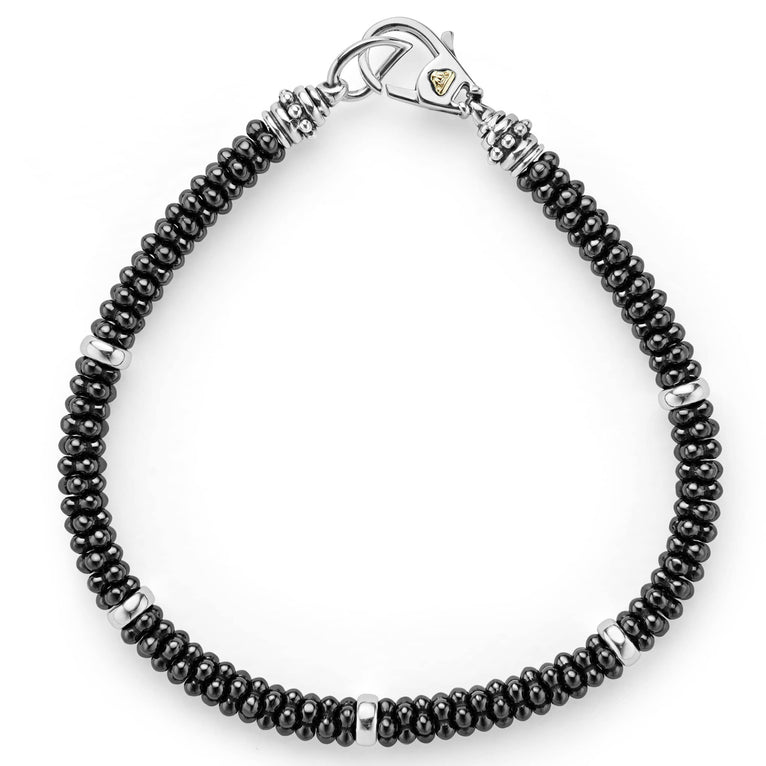 Black ceramic Caviar bracelet accented by five sterling silver stations.
