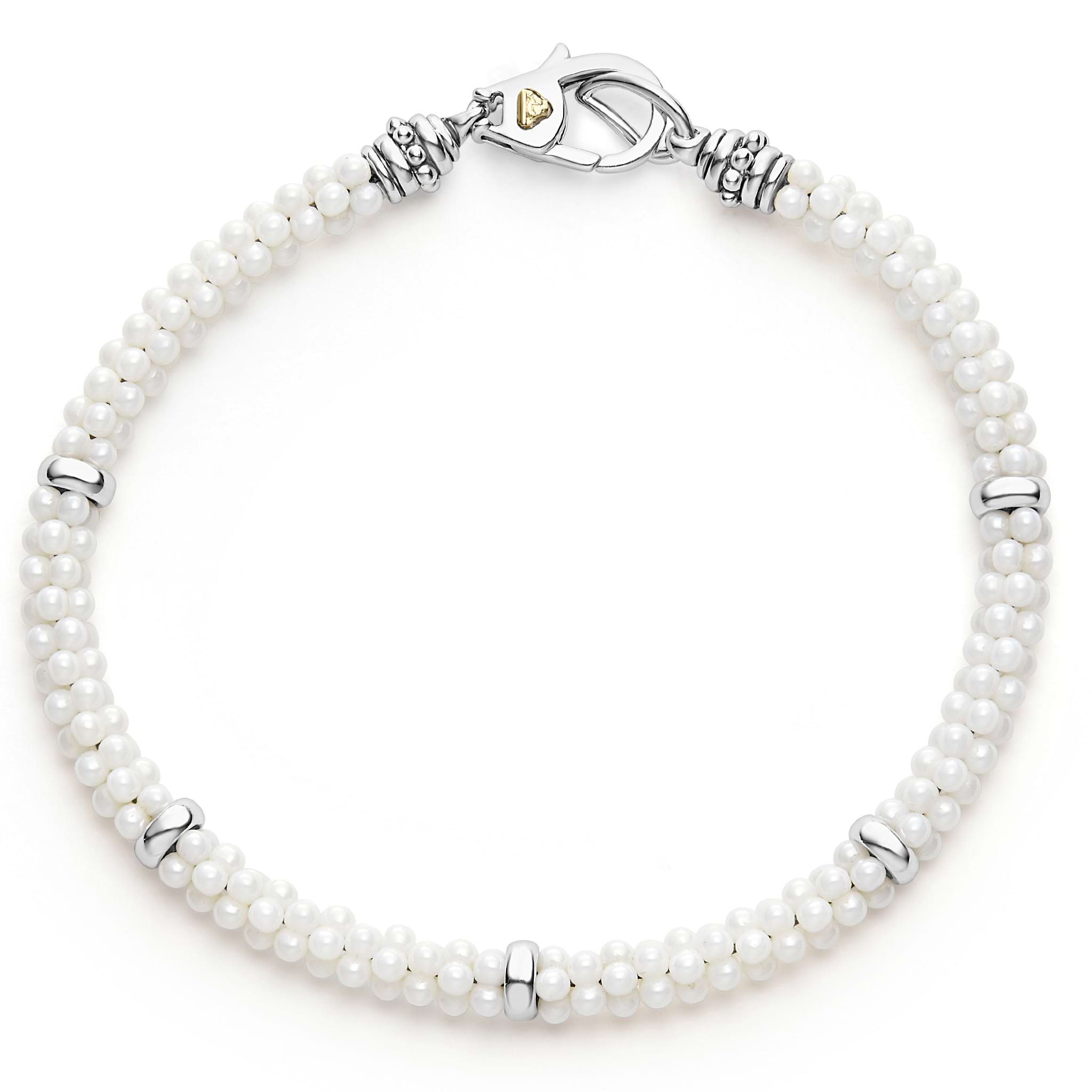 A white ceramic Caviar bracelet accented by five sterling silver stations.