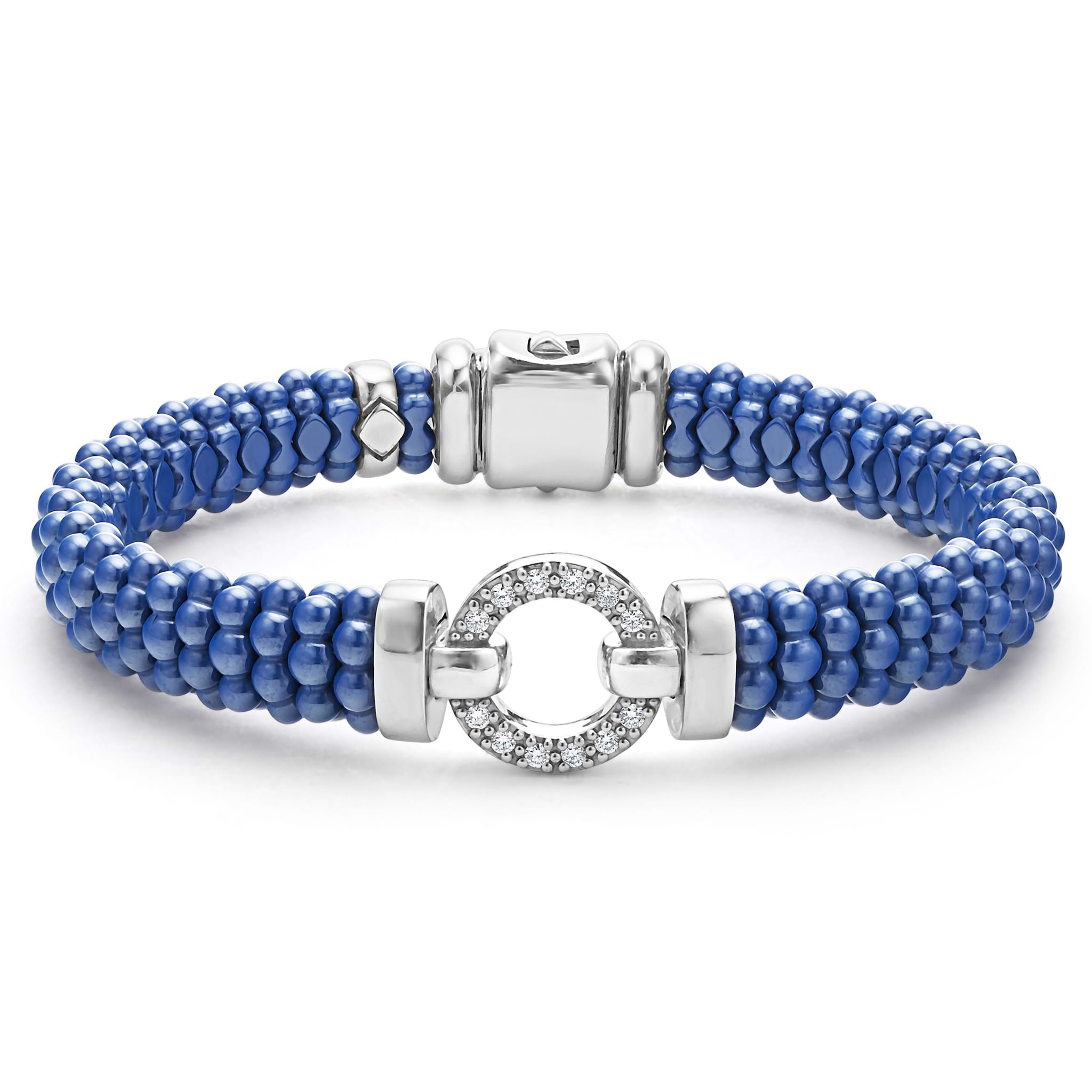 A diamond circle set in sterling silver surrounded by ultramarine ceramic Caviar beading. LAGOS diamonds are the highest quality natural stones.