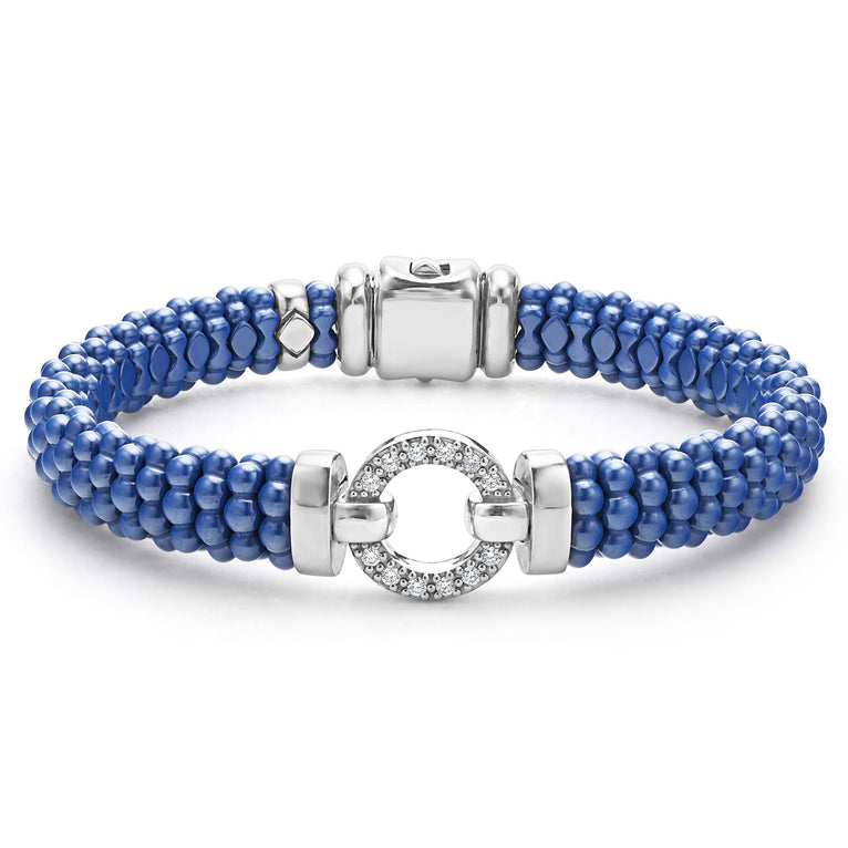A diamond circle set in sterling silver surrounded by ultramarine ceramic Caviar beading. LAGOS diamonds are the highest quality natural stones.