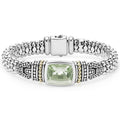 Prasiolite bezel-set gemstone and sterling silver Caviar beading with 18K gold detailing forms this bracelet.