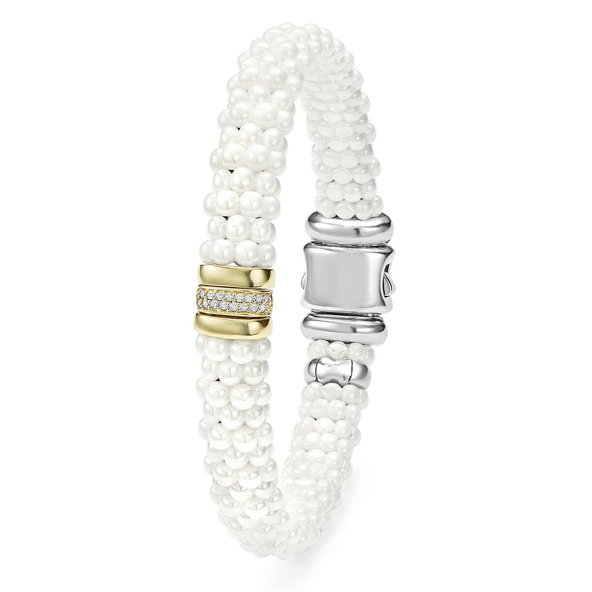 White Caviar Single Station Ceramic Diamond Bracelet with 9mm white ceramic beads, accented by gold detailing and a diamond station in sterling silver.